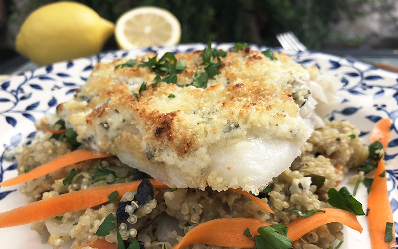 Sitron og hvitløksmarinert torsk med quinoarisotto