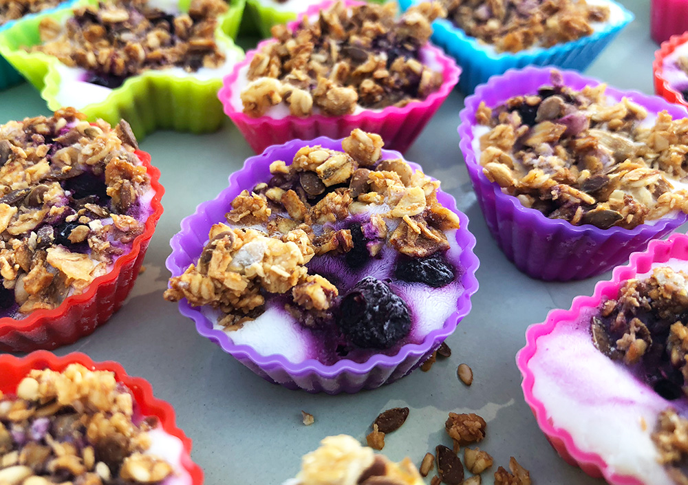 Fryste yoghurtbiter med blåbær og granola
