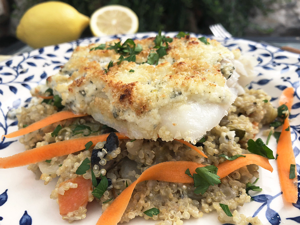 Sitron og hvitløksmarinert torsk med quinoarisotto