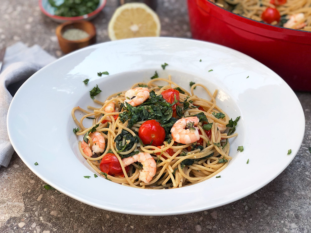 Alt i en kjele Fullkornsspaghetti med scampi