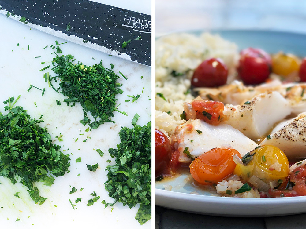 Bakt torsk med urtesmør, cherrytomater og blomkålris