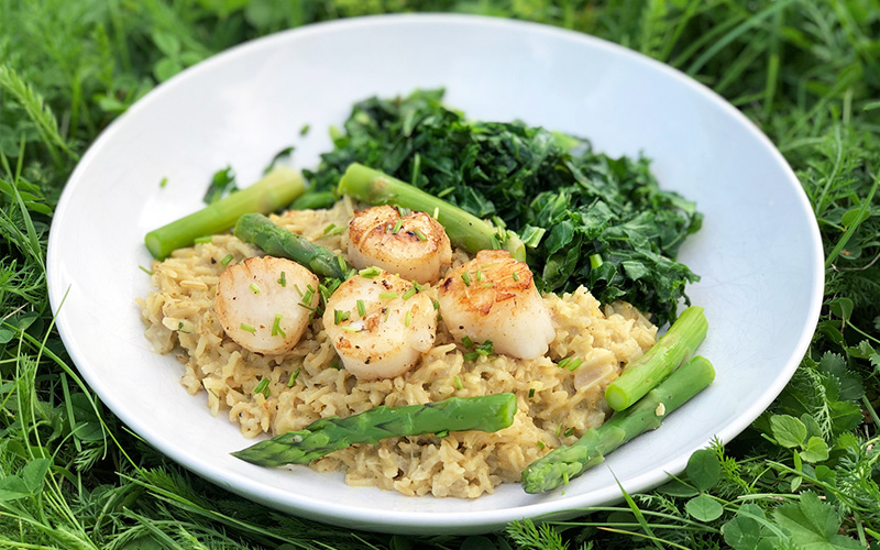 Fullkornsrisotto med kamskjell og asrparges