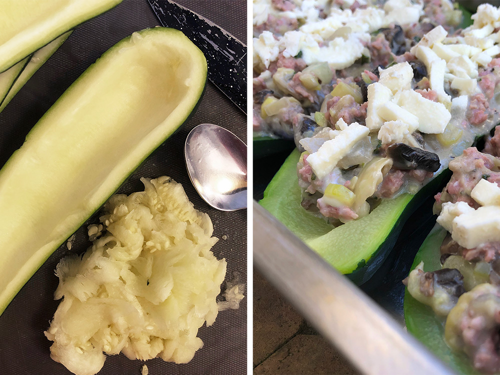 Gratinerte squashbåter fylt med kremet kylling og sopp