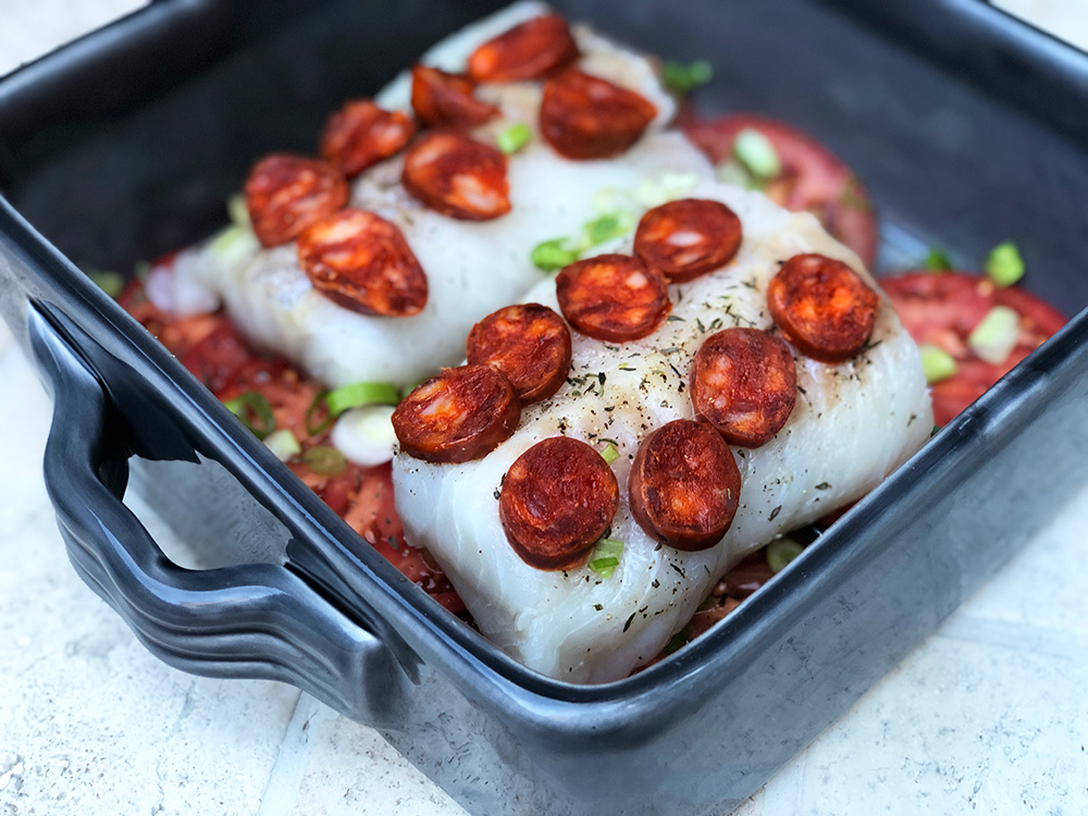 Bakt torsk med chorizo og søtpotetpuré