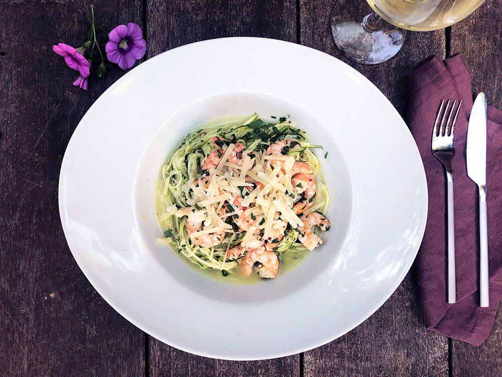 Squashghetti med scampi